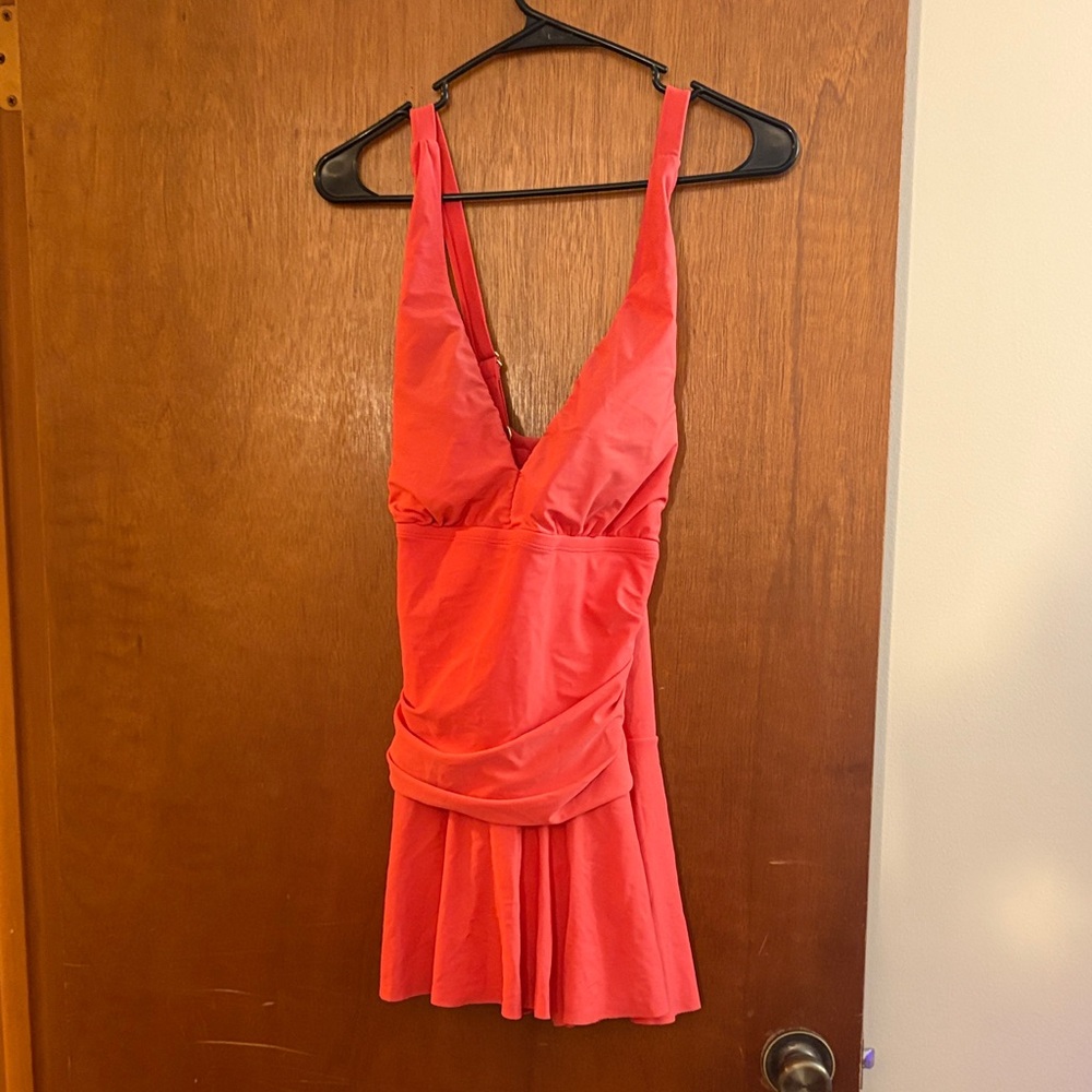 Chaps Coral-Red V-Neck One-Piece Swimdress